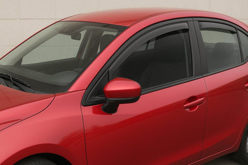 Близък план на червена кола с монтирани ветробрани на предното и задното странично стъкло.