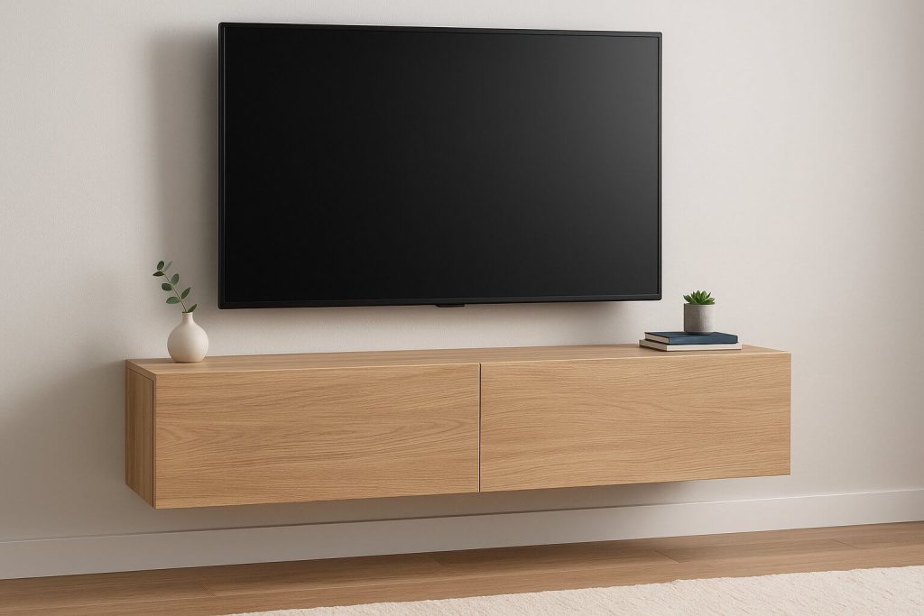 Светъл дървен висящ шкаф под монтиран телевизор на стена, с декорация и книги в минималистична всекидневна.