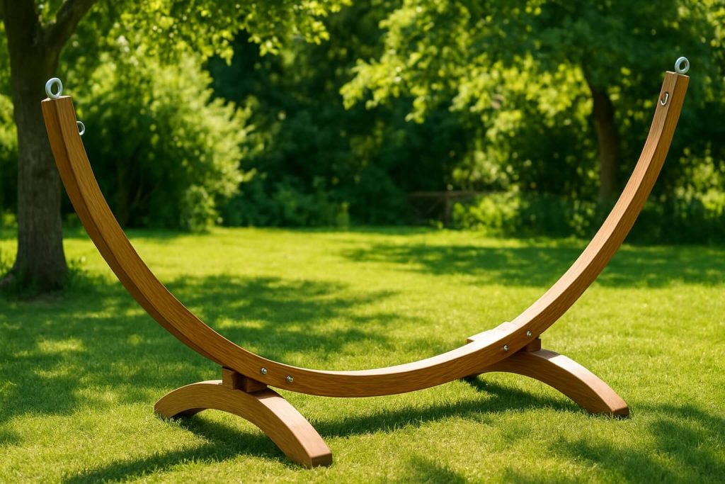Празна дървена стойка за хамак върху зелена трева под сянка в градина.