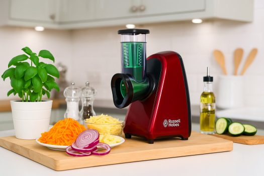 Червено електрическо ренде Russell Hobbs върху дъска с моркови, лук, кашкавал и босилек в модерна кухня.