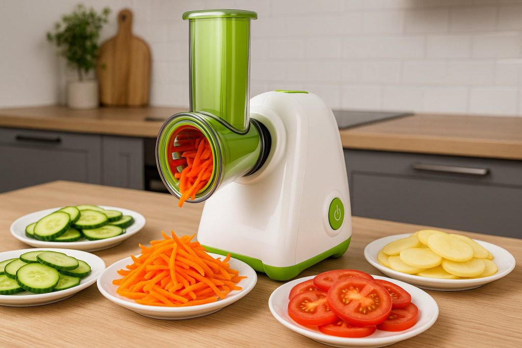 Електрическо ренде с нарязани краставици, моркови, домати и картофи на чинии върху плот в съвременна кухня.