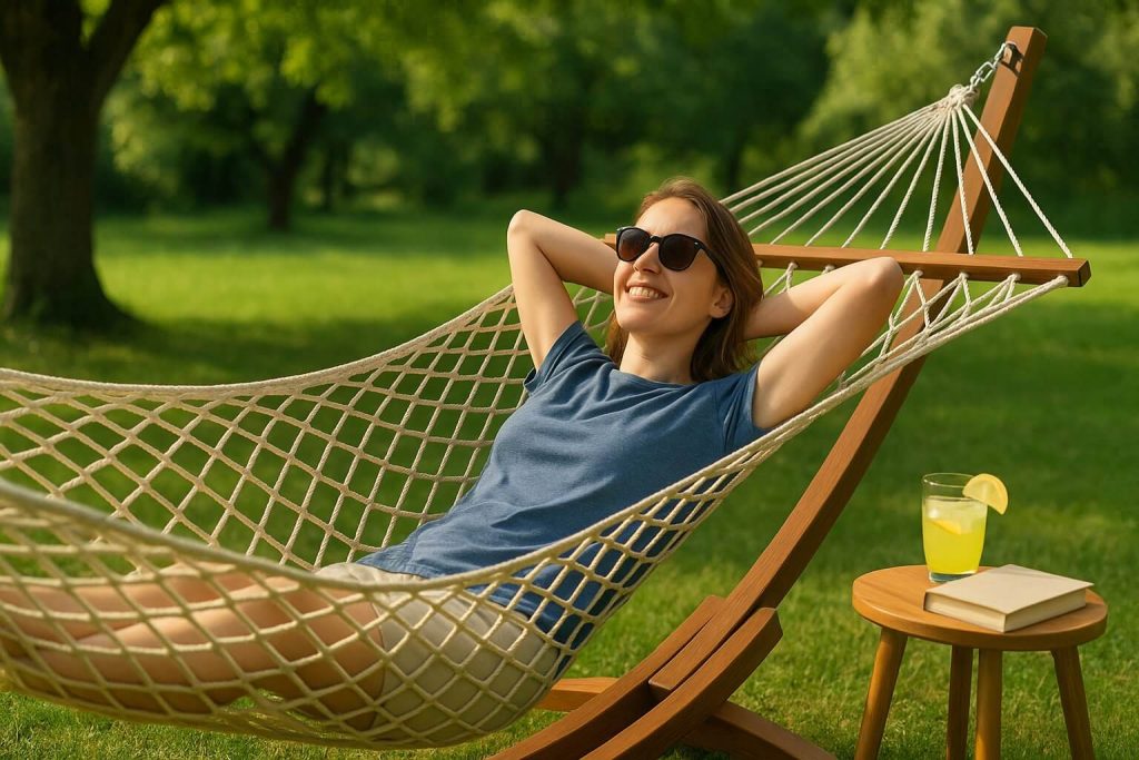 Жена с очила лежи в хамак до масичка с напитка и книга в зелена градина.