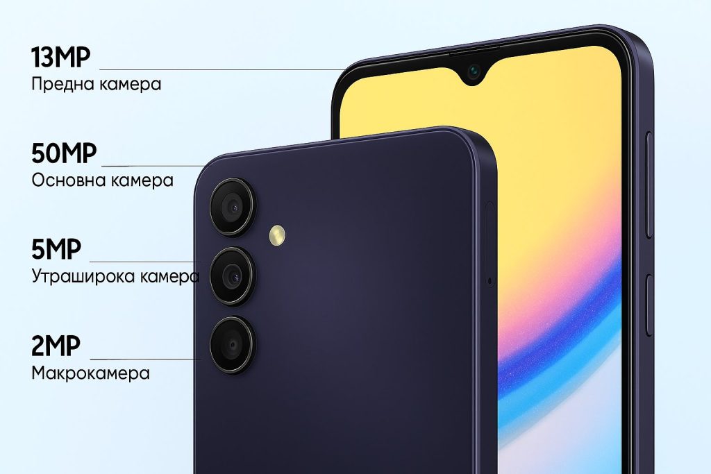 Визуализация на смартфон с надписи: 13MP предна камера, 50MP основна камера, 5MP ултраширока и 2MP макро камера