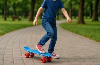 Момче кара син пени борд с червени гуми по извита алея сред дървета