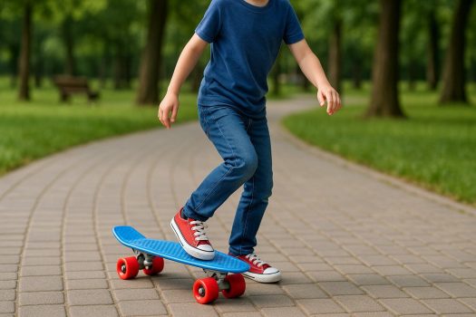 Момче кара син пени борд с червени гуми по извита алея сред дървета