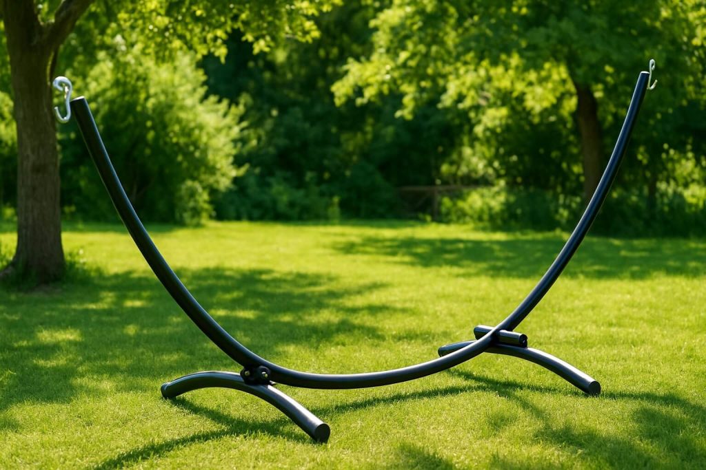 Празна метална стойка за хамак върху зелена трева в градина.