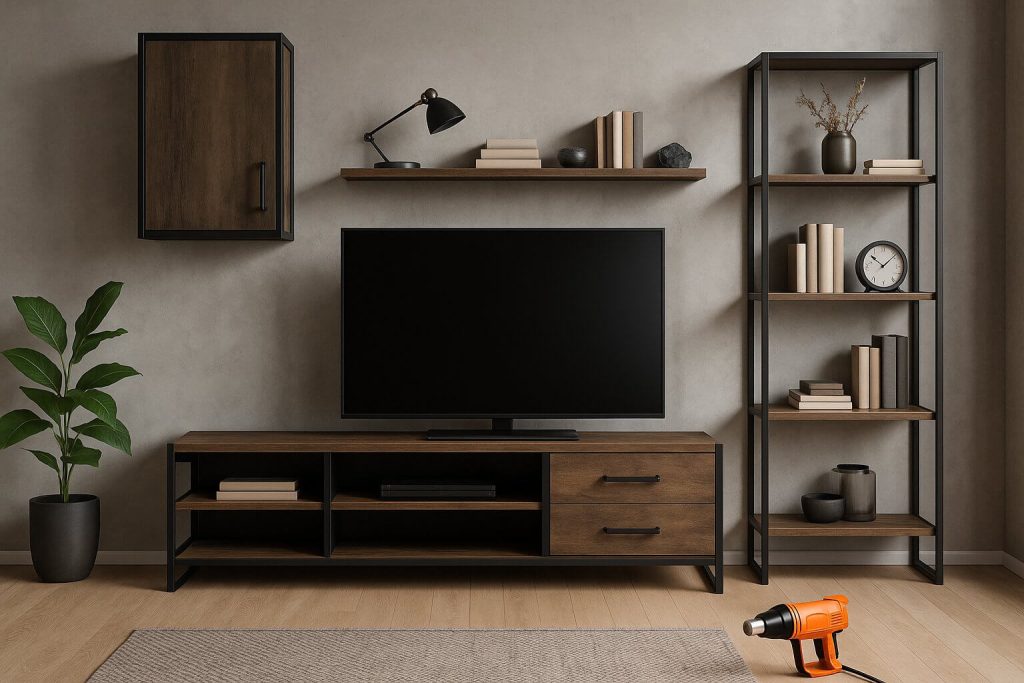 ТВ модулна система от дърво и метал с открити рафтове, стенни шкафове и декорации в индустриален интериор с бетонна стена.