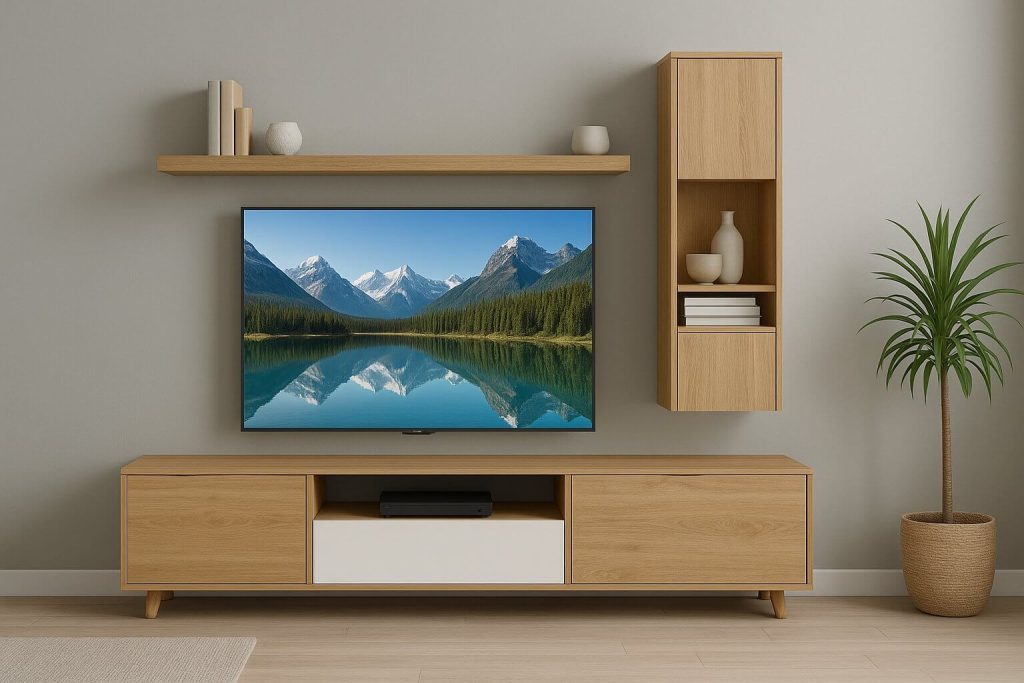 Скандинавска модулна система от светло дърво и бяло, с телевизор, декоративни рафтове и растение в модерна всекидневна.