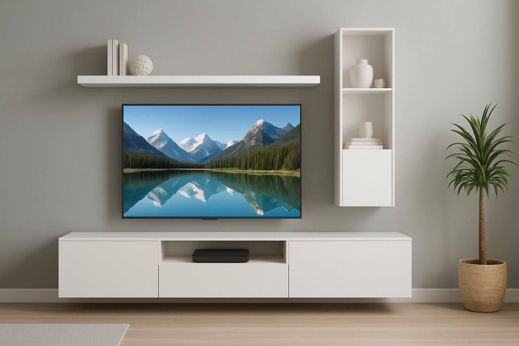 Бяла модулна система с плаващи шкафове и рафтове, телевизор с природна картина, декорации и растение на сива стена.