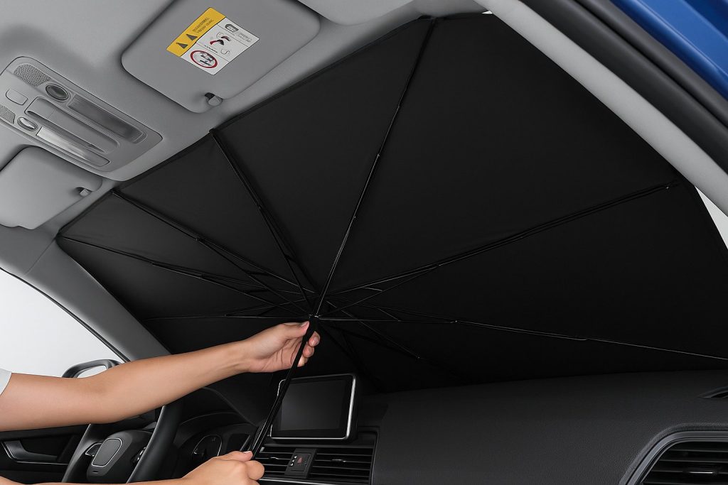 Вътрешен изглед към предното стъкло, където човек разпъва сенник тип чадър в кола