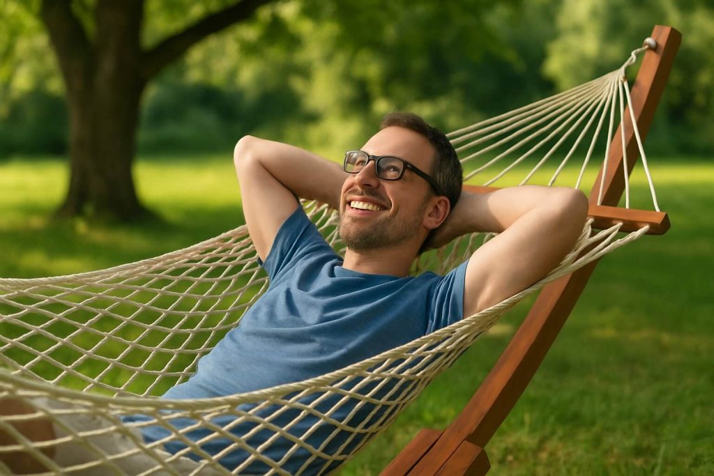 Мъж с очила лежи усмихнат в хамак с дървена стойка под сянка в градина.