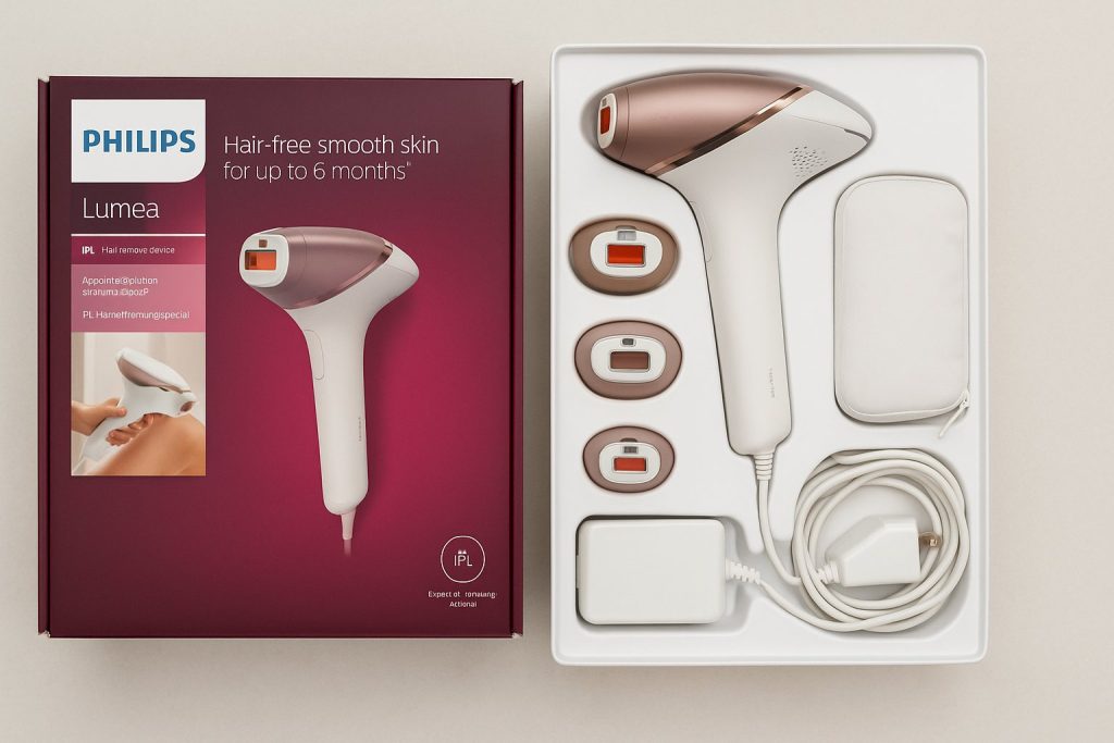Комплект Philips Lumea IPL с уред и аксесоари в отворена кутия.