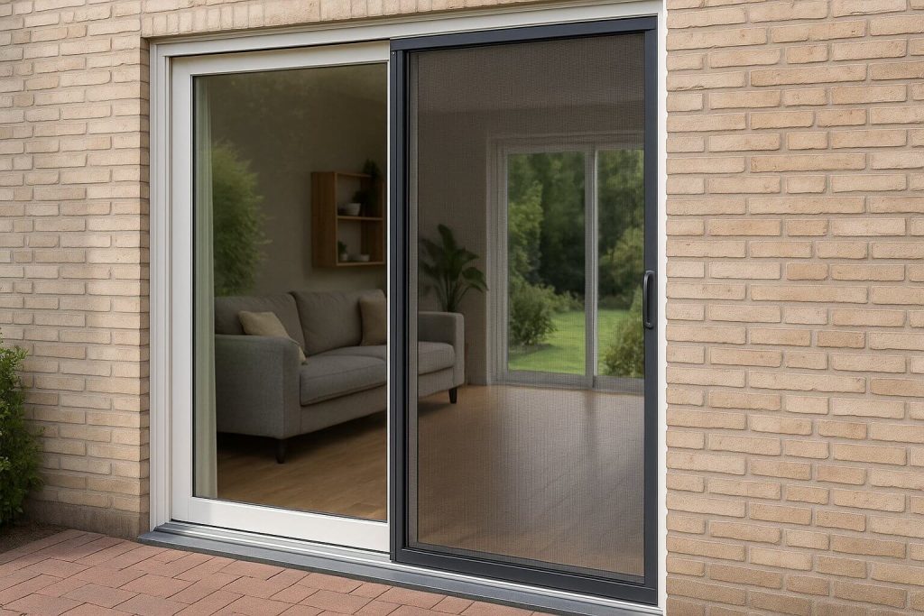 Плъзгащ комарник за врата в модерен дом с изглед към зелено дворче.