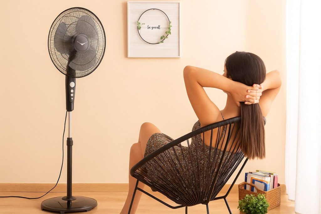 Жена с дълга коса седи отпусната в черен стол до вентилатор в светла стая с дървен под и книги в кошница