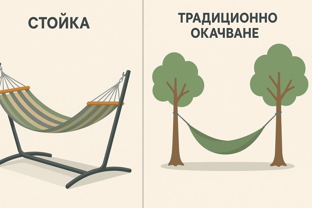 Сравнителна илюстрация между хамак със стойка и хамак окачен между две дървета.