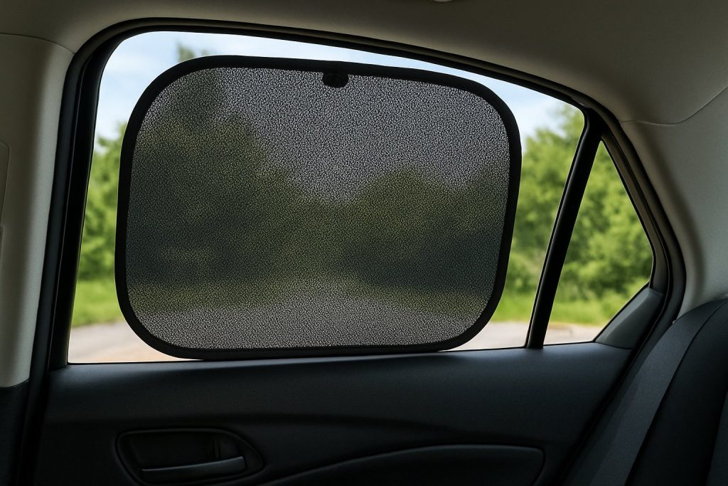 Изглед през заден десен прозорец на кола с поставен черен сенник, показващ пейзаж навън