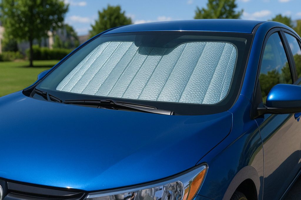 Отвъншна гледка към син автомобил със сребрист сенник на предното стъкло в слънчево време