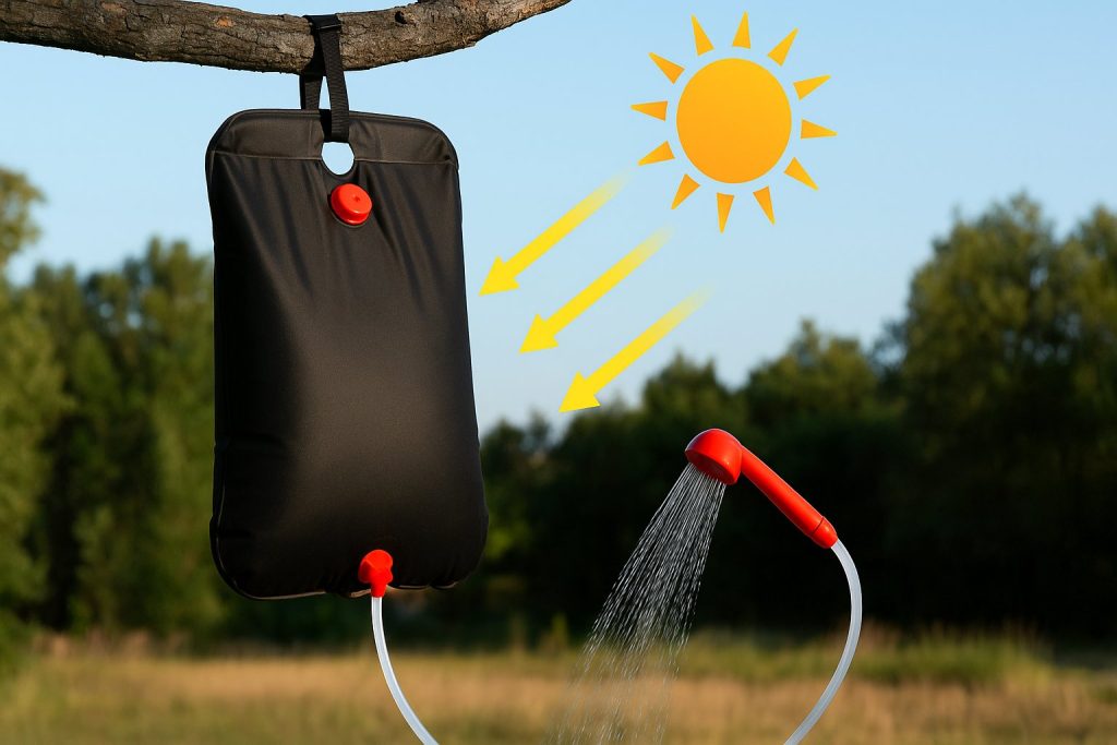 Черен къмпинг душ абсорбира слънчеви лъчи, показано със стрелки от слънцето, и пуска топла вода през душ глава на фона на зелена поляна