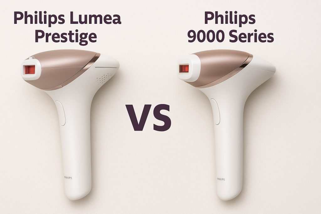 Два уреда за фотоепилация Philips – Prestige и 9000 Series – показани един до друг за сравнение.