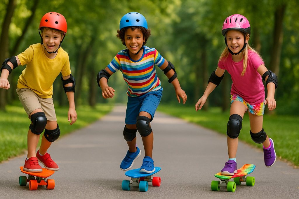 Деца с каски и налакътници демонстрират различни стилове на каране на пъстри пени бордове в парка