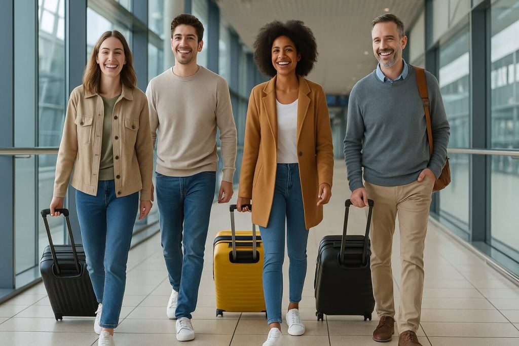 Как Да Изберем Куфар: Експертни Съвети От Професионални Пътешественици 1 Четирима усмихнати души вървят през летищен терминал, дърпайки куфари, единият носи по-голям модел.