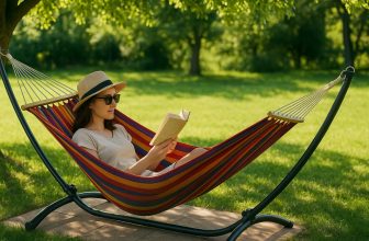 Жена в хамак на метална стойка, четяща книга под сянка в градина.