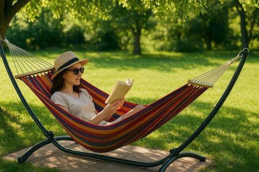 Жена в хамак на метална стойка, четяща книга под сянка в градина.