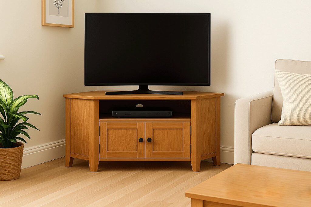 Дървен ъглов шкаф с телевизор, разположен в ъгъл на всекидневна, без други предмети върху помощната маса.