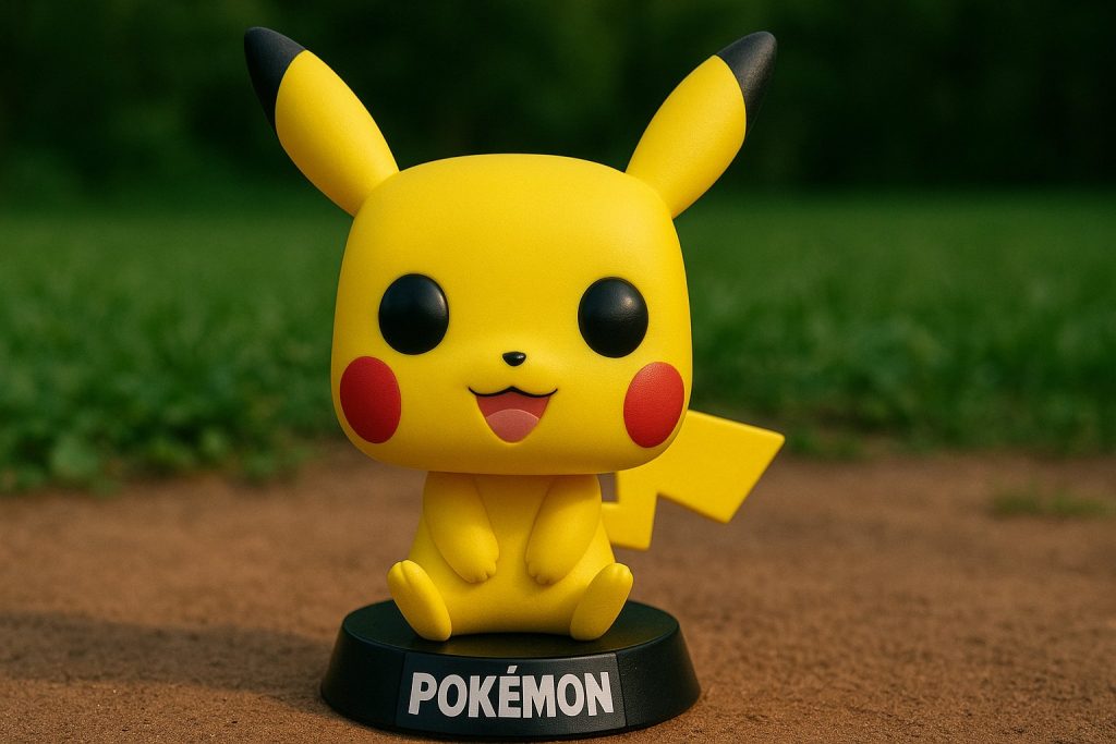 Защо Колекционерите Полудяха по Тези Funko POP Фигури? 3 Funko Pop фигурка на Pikachu от Pokemon, върху черна основа с надпис „POKEMON“, на фон с зеленина и земя.