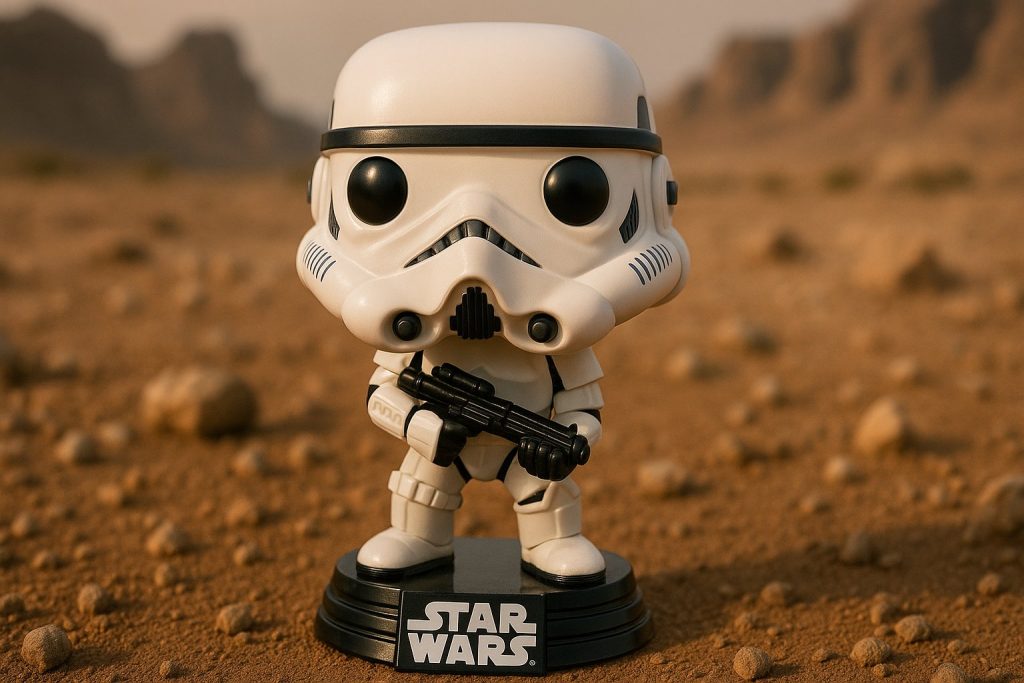 Защо Колекционерите Полудяха по Тези Funko POP Фигури? 2 Funko Pop фигурка на Stormtrooper от Star Wars, стояща на черна основа с логото „STAR WARS“ на пустинен терен.