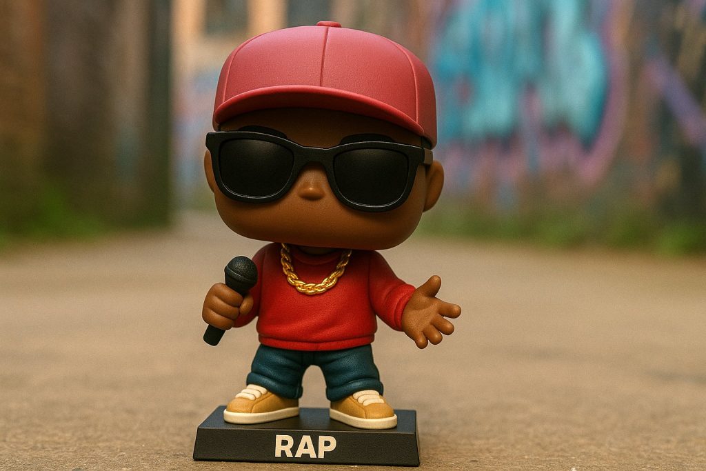 Защо Колекционерите Полудяха по Тези Funko POP Фигури? 4 Funko Pop хип-хоп фигурка с шапка, микрофон и златен ланец пред графити фон в градска среда.