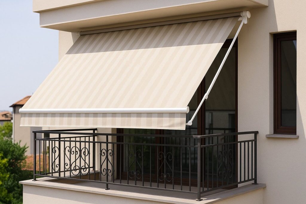 Разпънат бежов балконски сенник с водачи върху малък балкон с метален парапет на модерен апартамент, сниман през деня