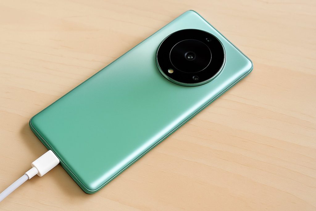 Honor Magic 5 Lite без надпис, включен към зарядно, с реалистичен модул на камерата върху дървена повърхност.