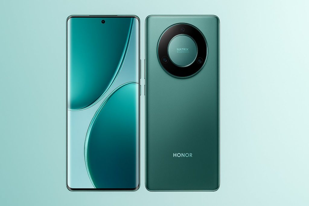 Honor Magic 5 Lite отпред и отзад, показващ дизайна и дисплея на светъл фон.