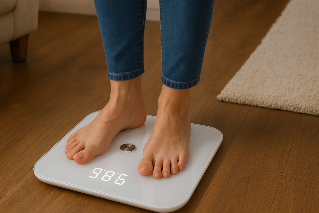 7 Най-добри Смарт Кантари за Тегло през 2026: Тествани и Одобрени 11 Жена с боси крака стъпила на смарт кантар, показващ 58.6 kg, върху дървен под у дома.