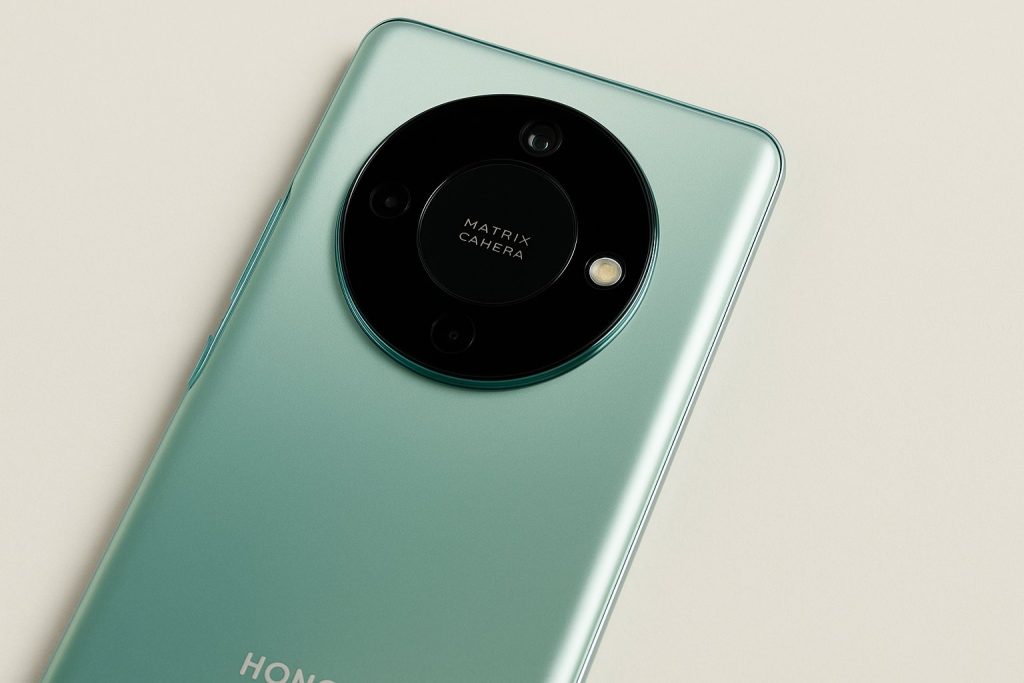 Кръгла камера с три обектива на гърба на Honor Magic 5 Lite върху светъл фон.