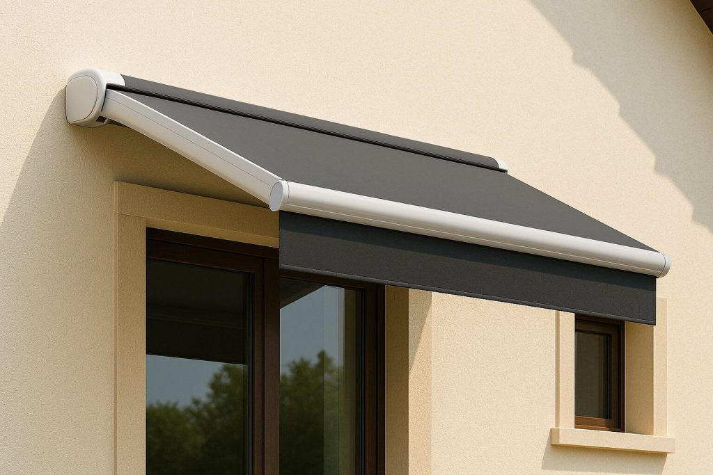 Снимката показва модерен касетъчен сенник в тъмен цвят, монтиран над голяма плъзгаща стъклена врата на светла фасада, със стилна алуминиева кутия и прибиращ се механизъм.