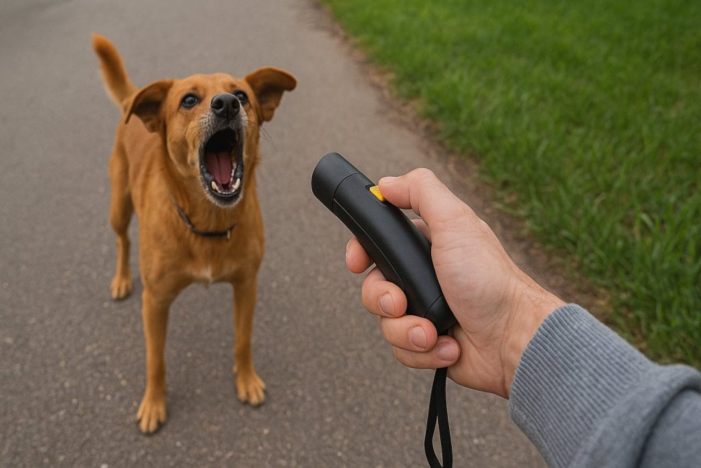 Човек насочва кучегон към лаещо куче на асфалтова алея с тревна ивица.
