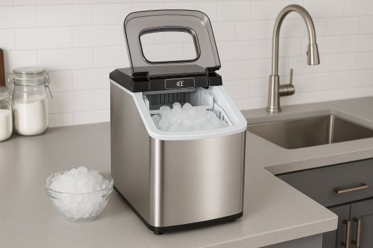 Снимка на компактна машина за лед от неръждаема стомана, поставена върху светъл кухненски плот до мивка, с купа пълна с лед отпред, в чиста и подредена кухня с бели плочки. Alt текст: Машина за лед от неръждаема стомана в кухня с купа лед до нея.
