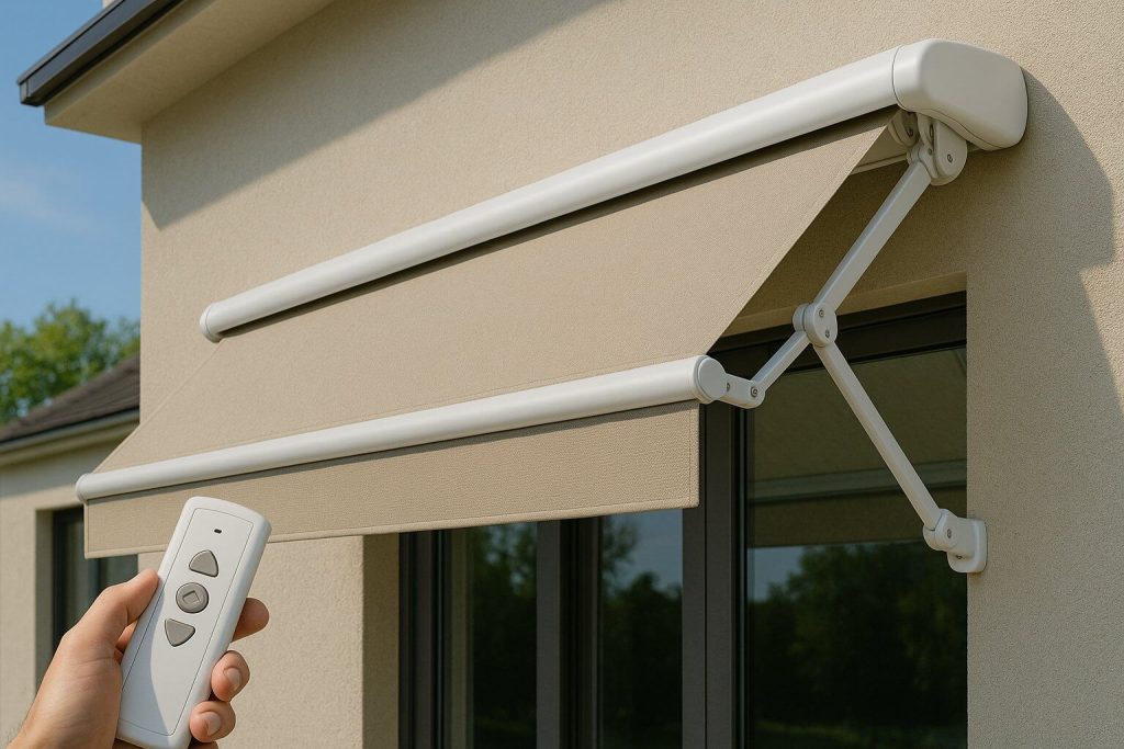Бежов моторизиран сенник с дистанционно управление, разпънат над плъзгаща врата на модерна къща със светла мазилка, сниман през деня.