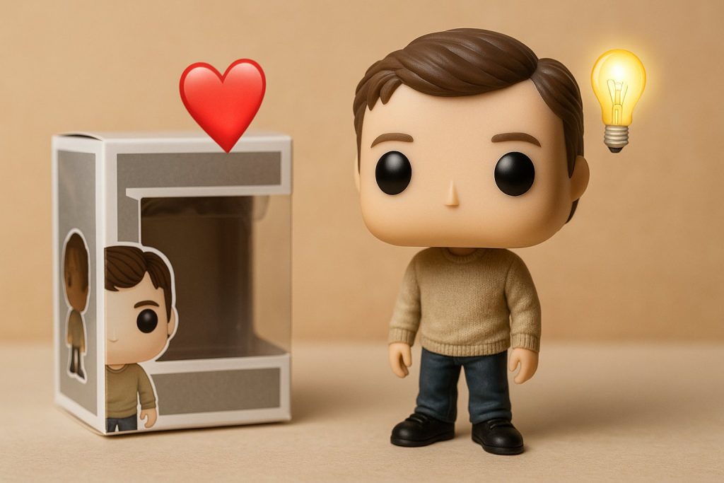 Защо Колекционерите Полудяха по Тези Funko POP Фигури? 1 Реалистична снимка в размер 1920x1080 на Funko POP фигурка с кутия, поставена на бежов фон, с плаващи символи сърце и крушка, визуализираща колекционерската стойност и уникалността на фигурките.