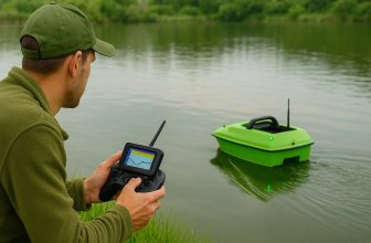 Рибар управлява светлозелена лодка за захранка със сонар на езеро.
