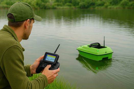 Рибар управлява светлозелена лодка за захранка със сонар на езеро.