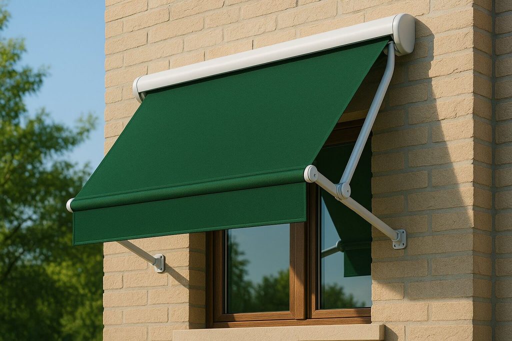 Зелен сенник с падащо рамо върху прозорец на тухлена фасада с дървена дограма и отразяващо небе, сниман през деня.
