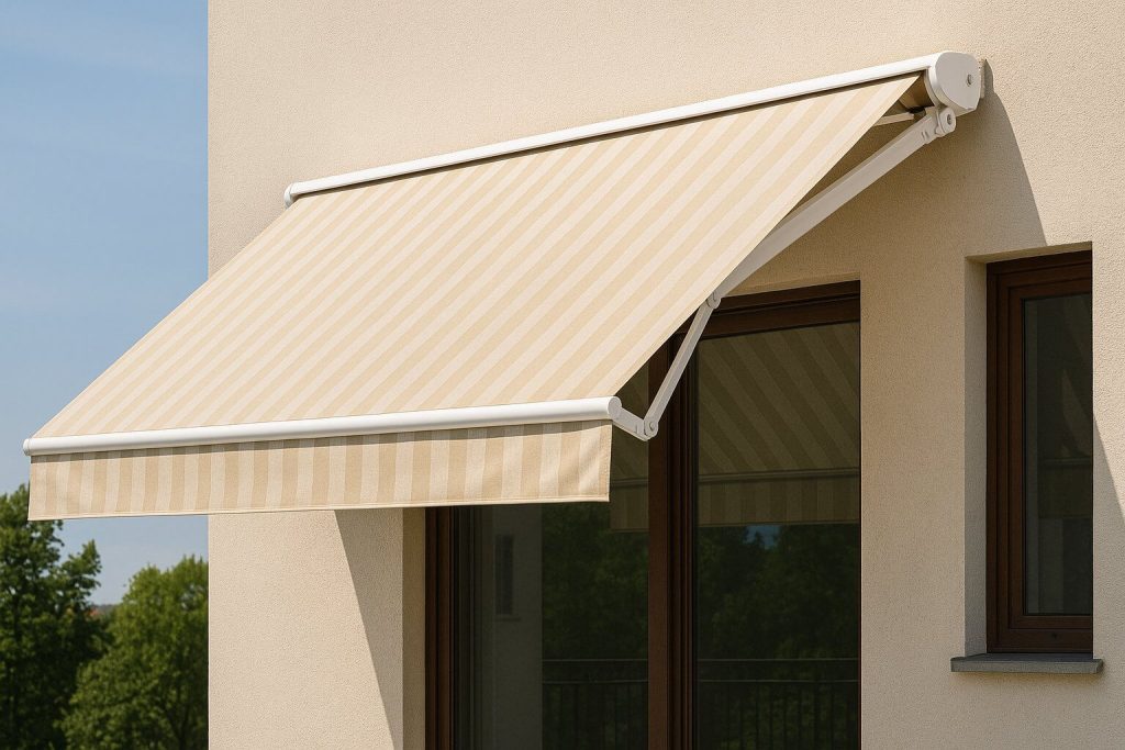 Бежов сенник с чупещо рамо – моноблок, монтиран над стъклена врата на светла фасада, сниман през деня с видими зелени дървета и синьо небе.