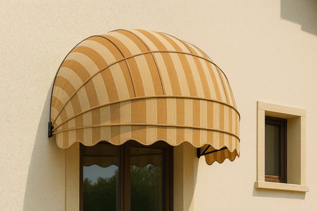 Сенник тип кошница в бежово с райета, монтиран над прозорец на фасада, с извита куполна форма и метална конструкция, сниман през деня.