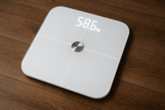 Смарт кантар с бял дисплей, показващ 58.6 kg, върху дървен под