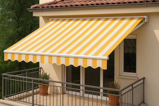 Разпъната тента с жълто-бели райета над балкон с керемиден покрив.