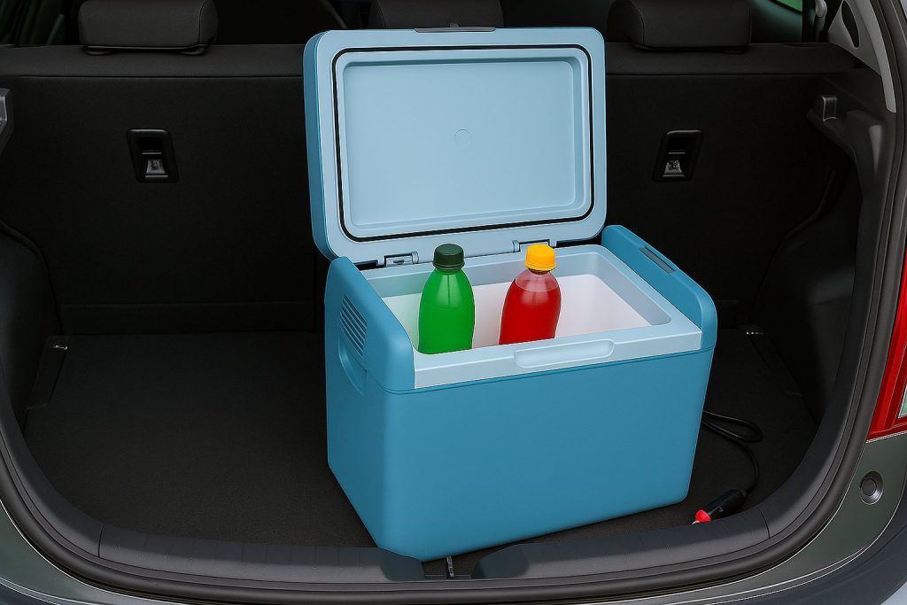 Светлосиня автомобилна хладилна чанта с напитки, включена в запалка и поставена в багажник на кола.