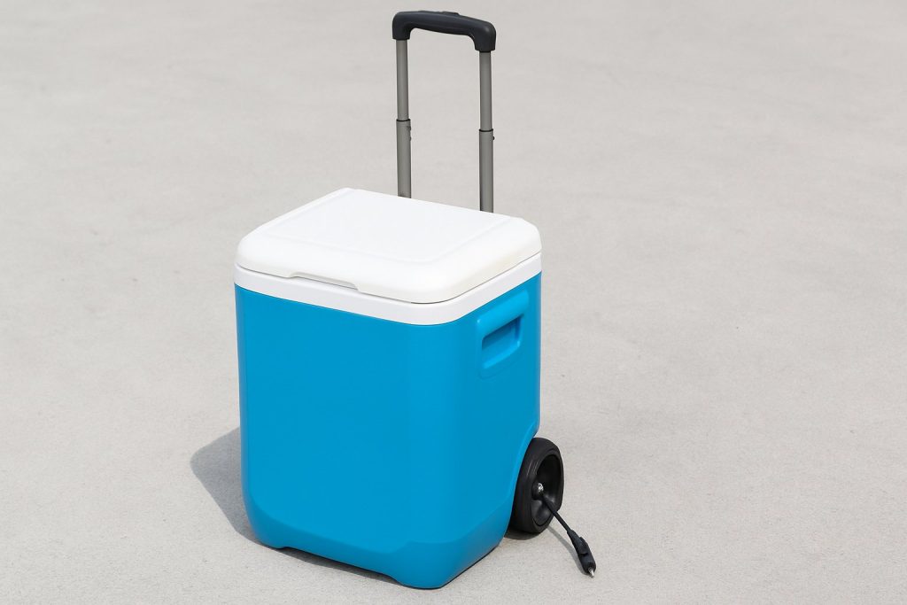 Синя хладилна чанта с бял капак, колелца и телескопична дръжка върху сива настилка.